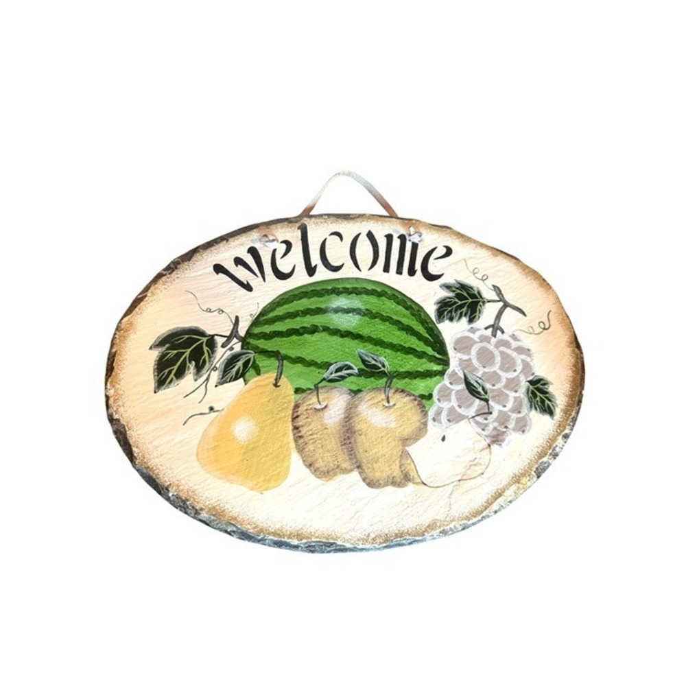 Vintage Hand-Painted Slate Welcome Sign Fruit Design‎ – Watermelon, Pear, Grapes